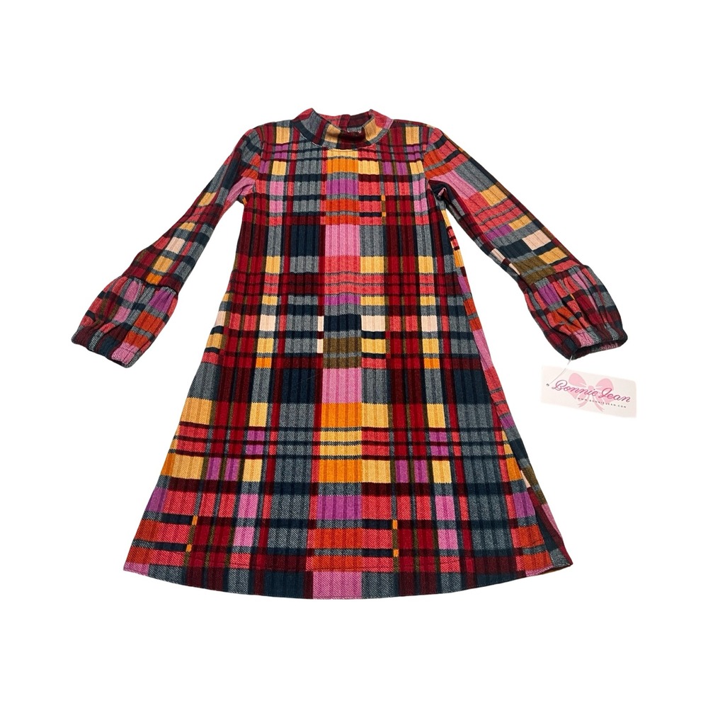 Bonnie Jeanโ Girls Red Pink Plaid Ribbed Mock Neck Bell Sleeve Dress 6X NEW
